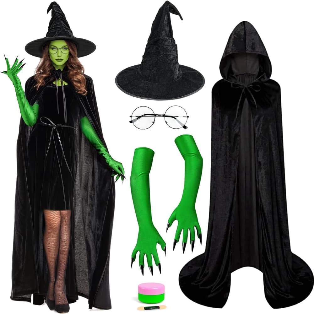 TEMU 5pcs Hooded Cloak, Hat, Green Face Paint, Long Gloves With Sharp Nails, & Glasses Perfect For Halloween, Cosplay, And Themed Parties