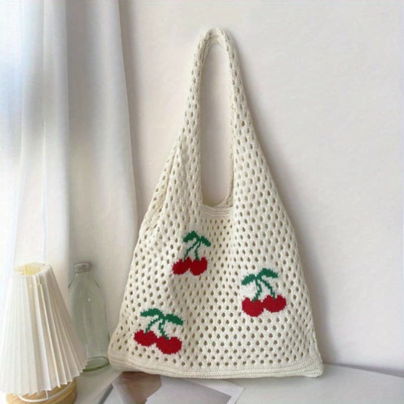 TEMU Fashionable Cherry Pattern Woven Women's Shoulder Bag, Summer Hollow Beach Vacation Tote, Y2k Style Large Capacity Tote Bag, Perfect For Casual Summer Trips And Beach