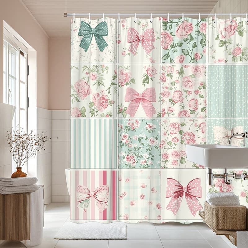 TEMU 1pc Shower Curtain Featuring Fabric Patterns With Floral And In Gentle Pastel Colors, Measuring By Inches And Includes 12 Hooks