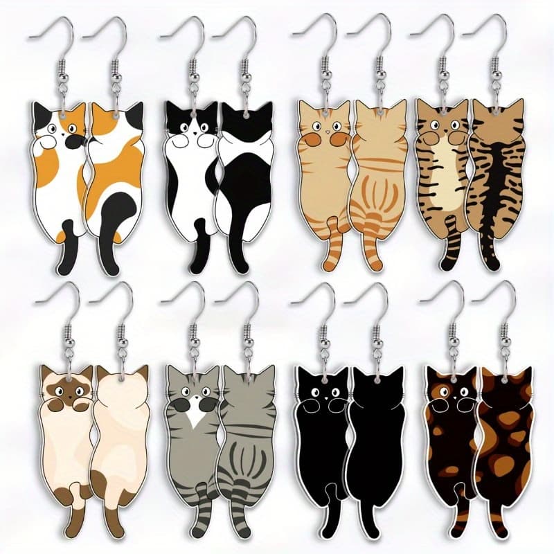 TEMU [2d Flat] 8 Pairs Of Cute Vintage Cat Earrings Set, Colorful