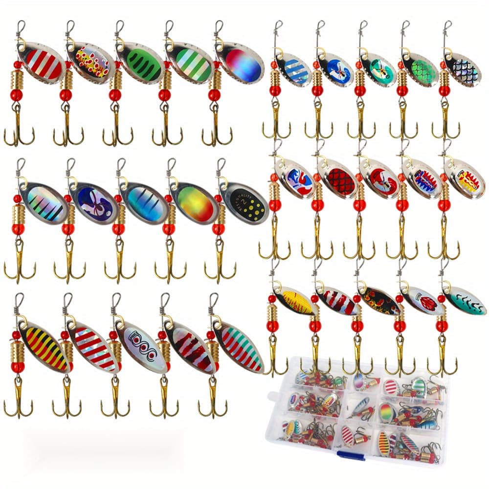 TEMU 30pcs Vibrant Fishing Spoon Lures Kit- Durable Iron, Colorful Patterns Bass, Trout, Salmon Freshwater& Saltwater Fishing, Fishing Gear