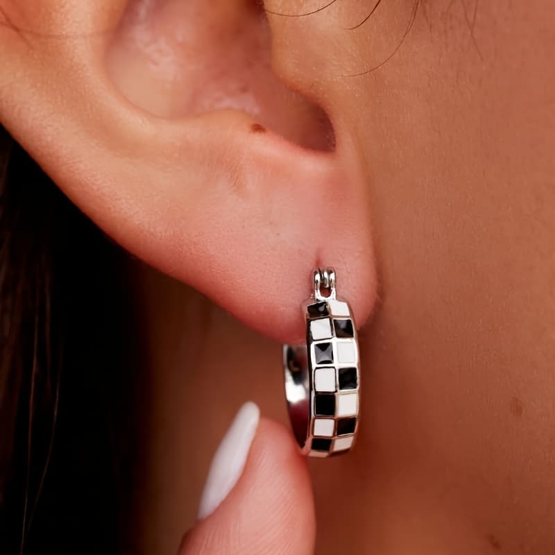 TEMU 1 Pair Easy Vintage Earrings Creative Black White Enamel Checkered Earrings For Women Daily Casual Party Jewelry