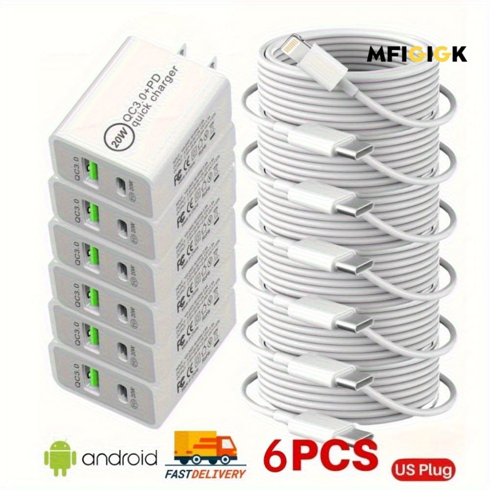 TEMU Mfiglgk Local Warehouse Is Super Fast 6pcs Mfi For Iphone Qc3.0+pd Charger Set - Super Charger With Mfiglgk Usb-c Cable - Rapid Charging For Iphone 14 13 11 12 Pro Charger Cable Phone Accessories