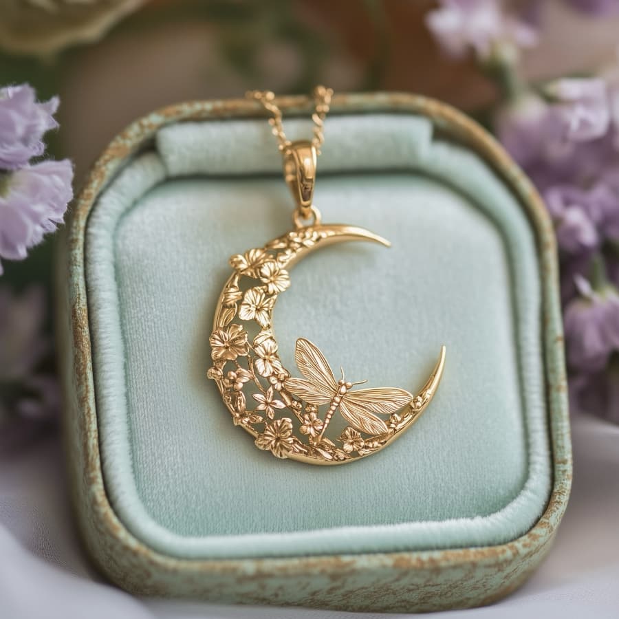 TEMU Elegant And Sophisticated Moon Dragonfly Floral Pendant Copper Women's Necklace, Exquisite , Perfect For Daily , Birthday Parties, And Jewelry Pairing
