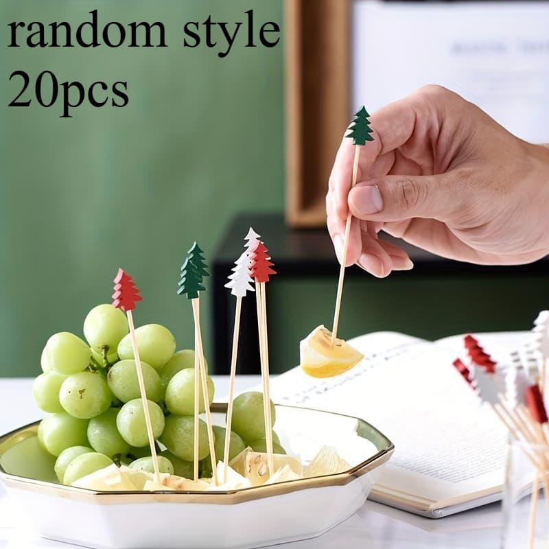 TEMU Random Style 20pcs Festival Bamboo Skewers - Christmas Tree And Snowflake Shaped Holiday Parties, Disposable Red And Skewers, Perfect For Snacks And Desserts