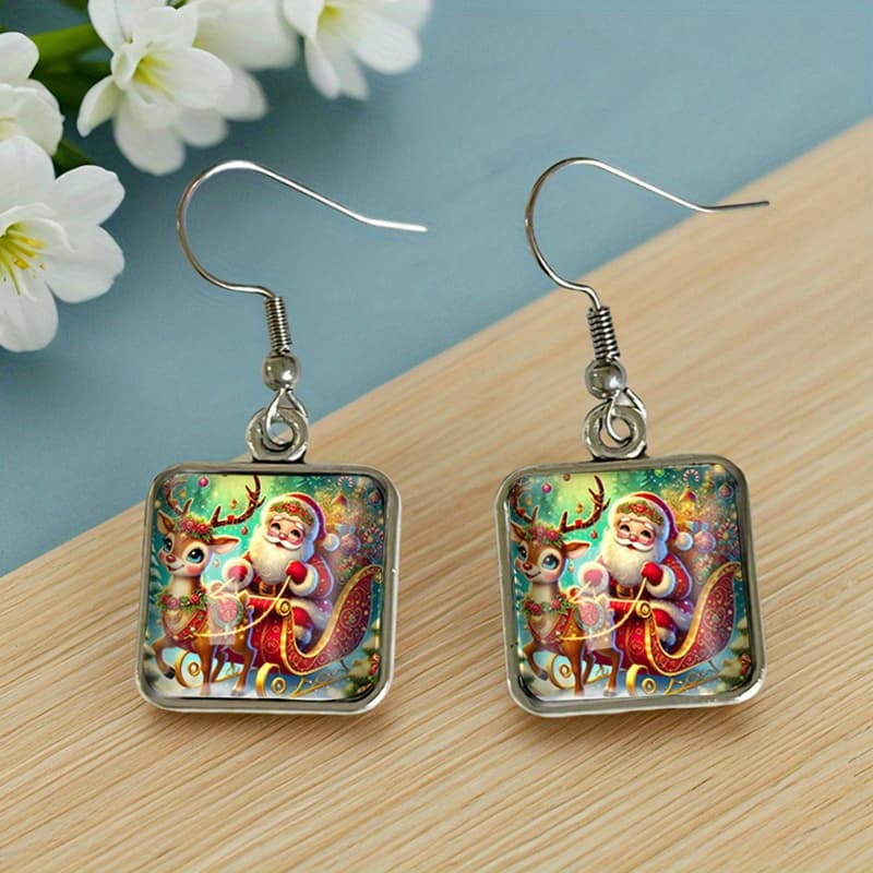 TEMU Santa Claus Riding Christmas Sled Hook Earrings Fashion Handmade Jewelry Accessory Gifts