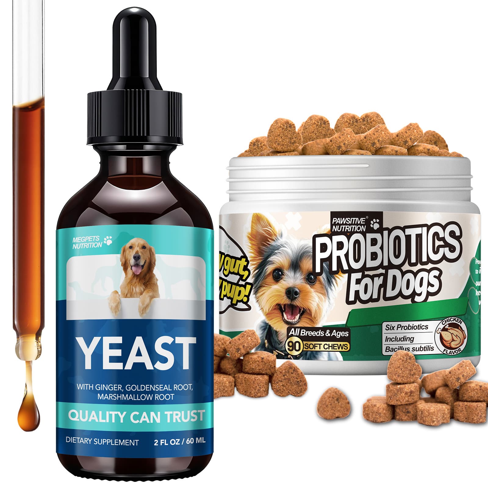 TEMU (1+1 Kit) Pet Yeast Health Drops And Probiotics Chews For Dogs And Cats Of For All Breeds And Ages | Supports Skin, Ear, Gut, And Digestive Health | Absorbed, 2 Fl Oz + 90 Chews