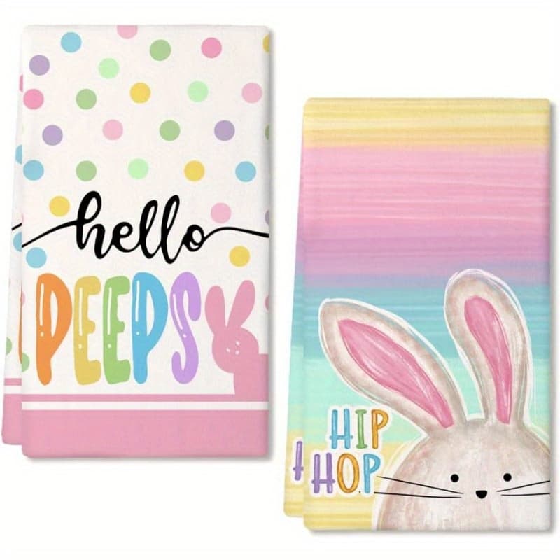 TEMU 2pcs Easter Kitchen Towels - Colorful Polka Dot Bunny & Hip , Soft Polyester Dish Towels For Spring Decor, Farmhouse Holiday Theme, Machine Washable, Dish Towels For Kitchen