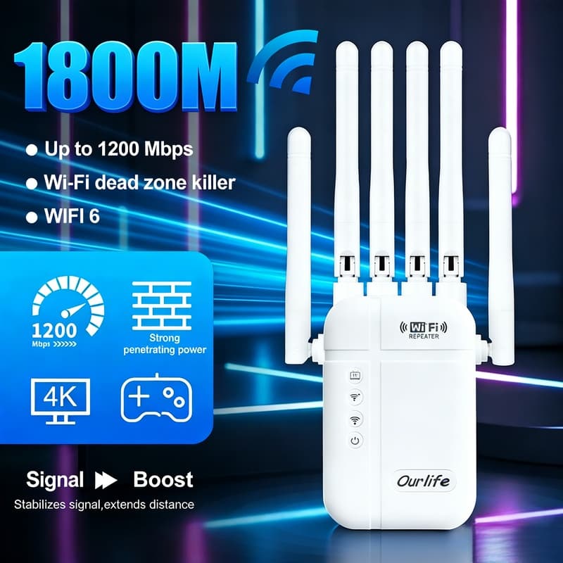 TEMU Wifi Extender , Covers Up To 5000 Sq Ft And 52 Devices, Wifi Range Extender, Wireless Internet Repeater, Remote Amplifier With Ethernet Port, Setup, , Alexa Compatible (6-antenna Black Repeater)