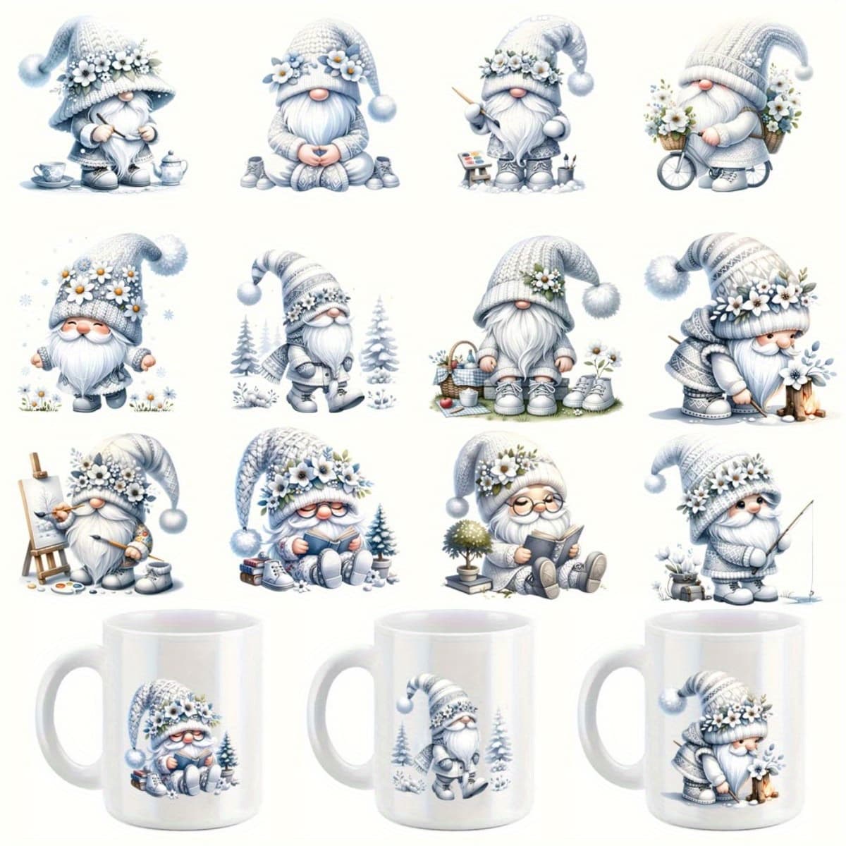 TEMU 12pcs/set White Christmas Gnome Diy Glass Jar Packaging Stickers Uv Dtf High Adhesive Transfer Paper Suitable For Decorating Cups And Bottles