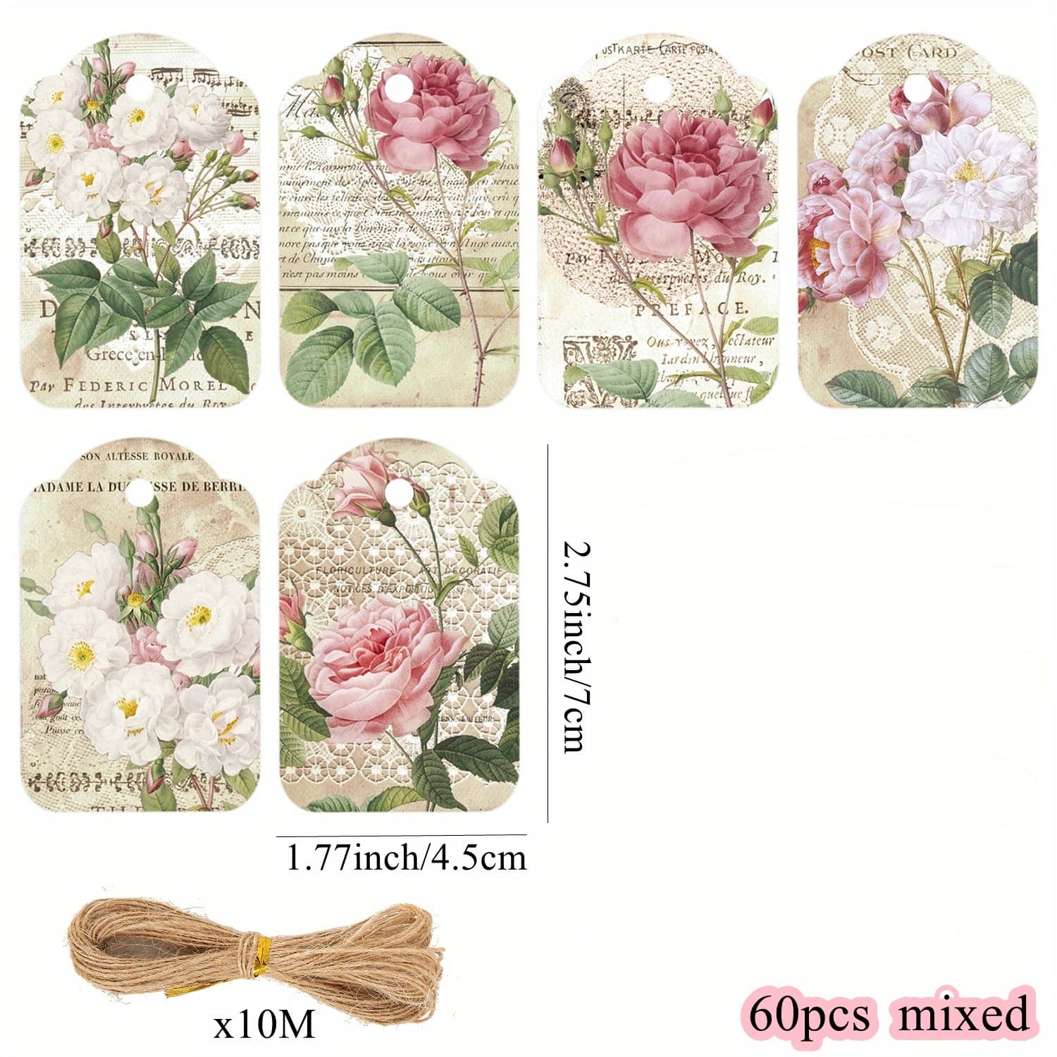 TEMU 60pcs Vintage Flower Hanging Tags /peony Paper Labels For Wedding Birthday Celebrating Party Decorations Junk Journal Supply