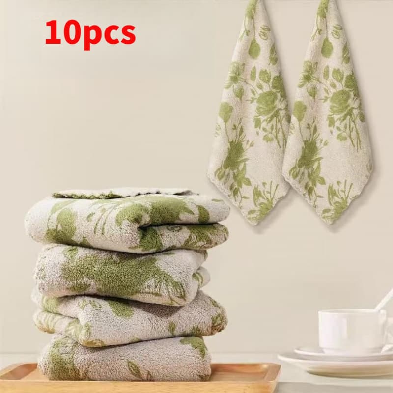 TEMU 10pcs Kitchen Dish Cloth Cleaning Towel Coral Material Green Rose Pattern Wash Wipe Table Countertop Stove Sink Home Use Soft Thick Lint Reuse Holiday