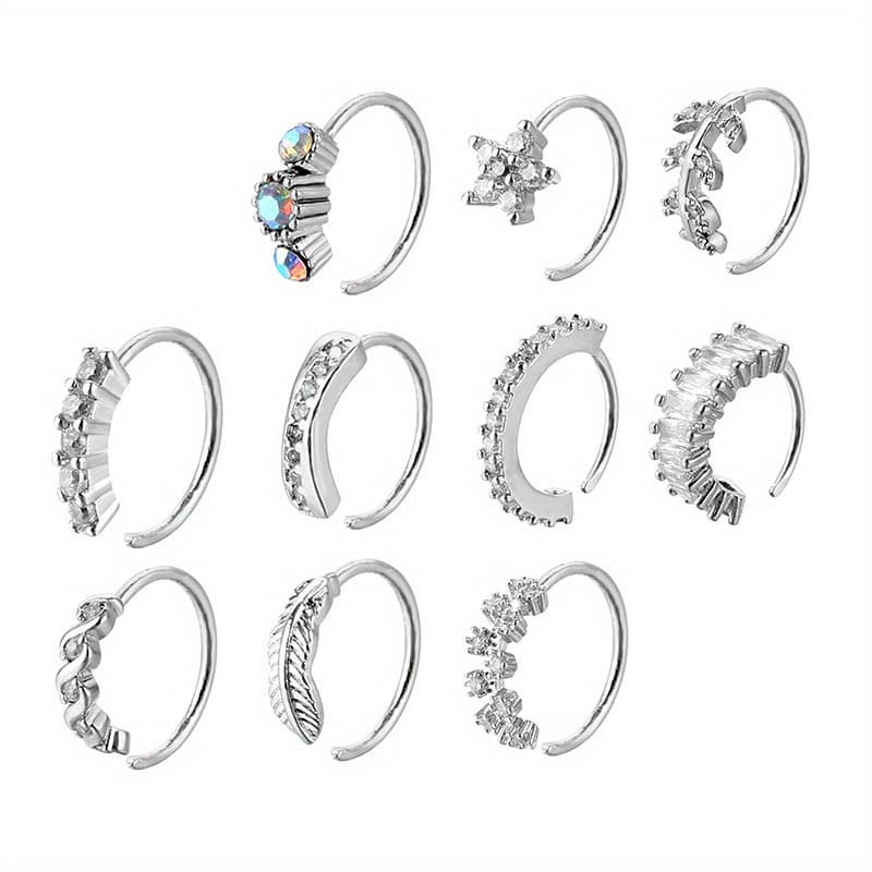TEMU 10pcs Pierced Nose Rings. Made Of Copper With Micro-inlaid Zirconia, Nose Ornaments Are Adjustable Nose Studs, Suitable For Body Piercing