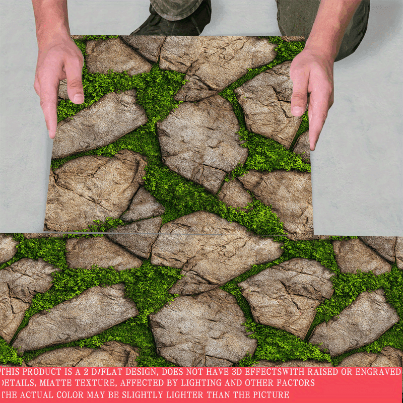 TEMU A Set Of 10 Self-adhesive Vinyl Floor Stickers Featuring With Pebbles And Green Grass Patterns, Ideal For Kitchens And Dorms, Measuring By Inches, Use In Living Areas