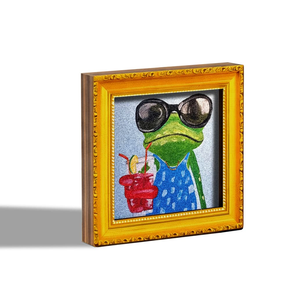 TEMU 1 Trendy Cool Frog Refrigerator Magnet, Wooden Mini Decorative Painting, Frog Wearing Glasses And Holding Summer Drinks, Wearing A Blue Dress, Wooden Refrigerator Magnet, And Office Decoration