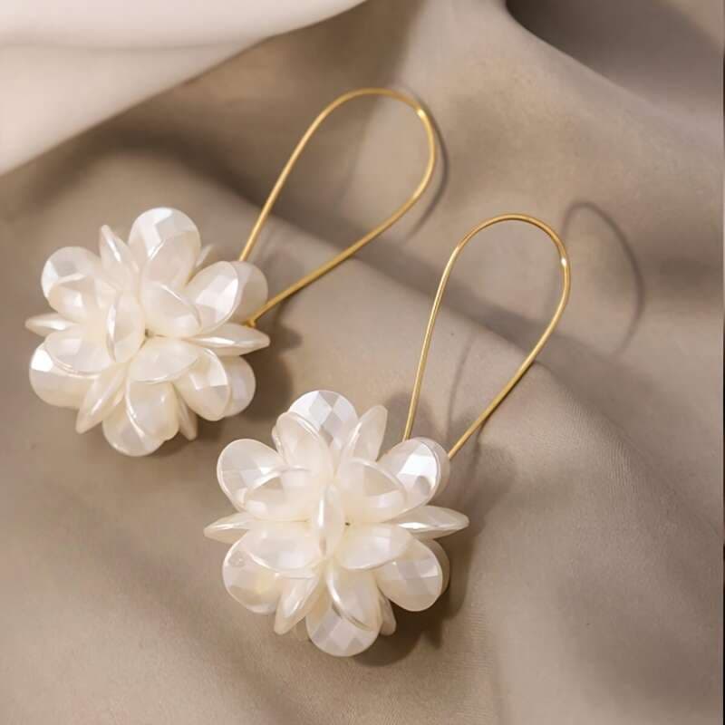 TEMU Elegant White Flower Drop Earrings, Long Dangle Petal Ball Earrings For All
