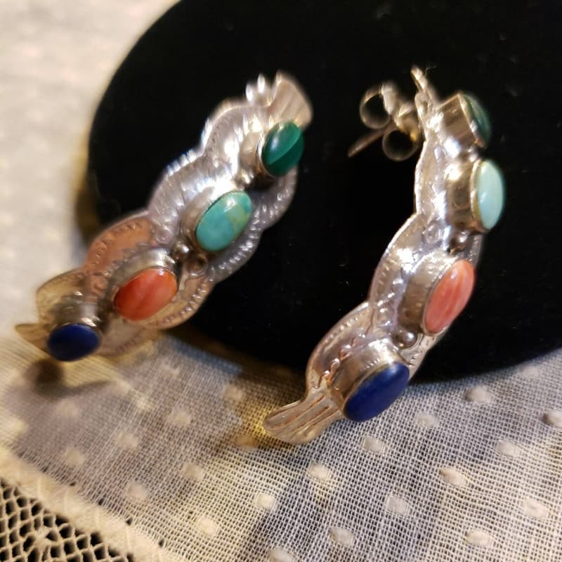 TEMU 2pcs Multi - Gemstone Engraved Hoop Earrings, Copper With Silvery Plating, Boho Ethnic - Style Jewelry For Festival, Vacation, Vibrant Color And Cultural Charm
