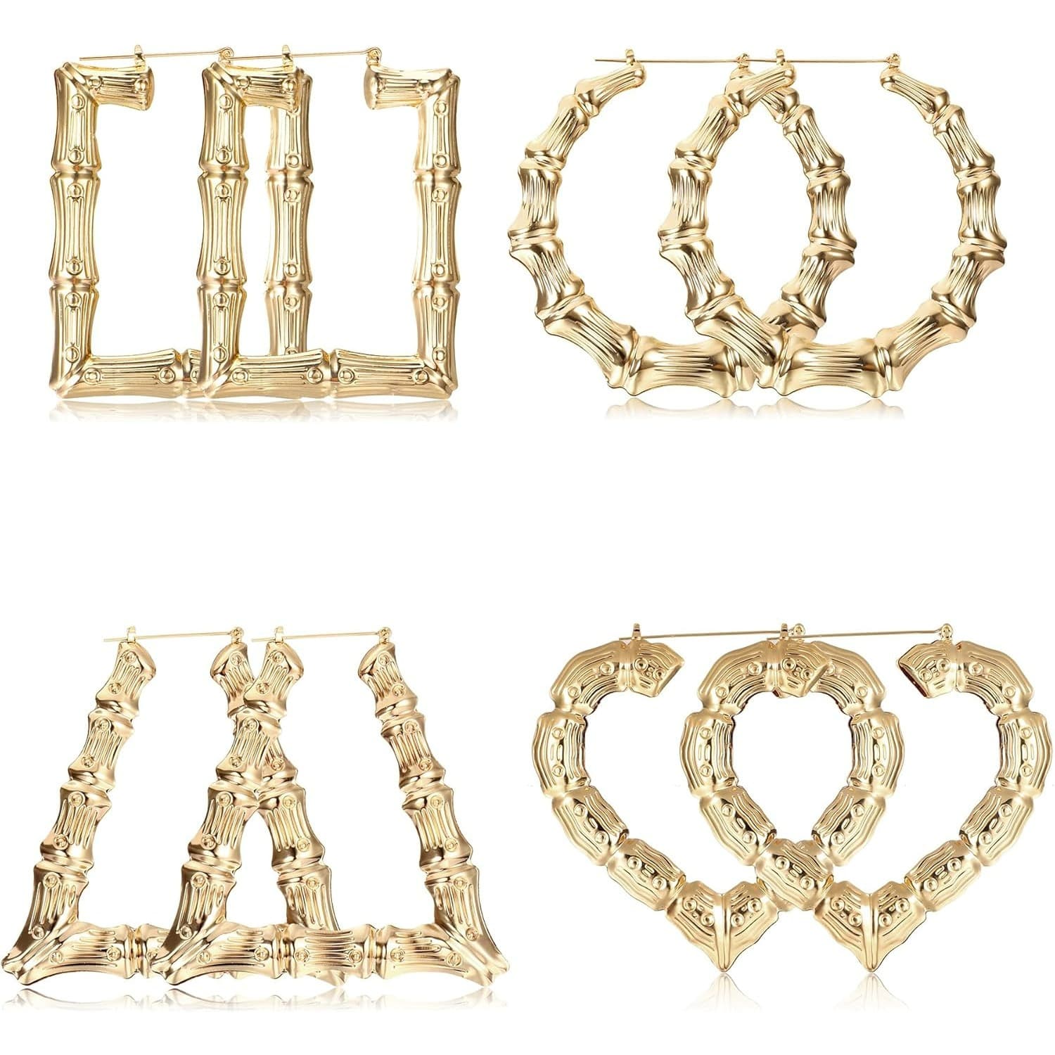 TEMU 4 Pairs Women's Y2k Bamboo Enormous Heart Earrings, Retro Hip-hop Chunky Hoop Earrings, Oversized Fashion Ear Studs For Women