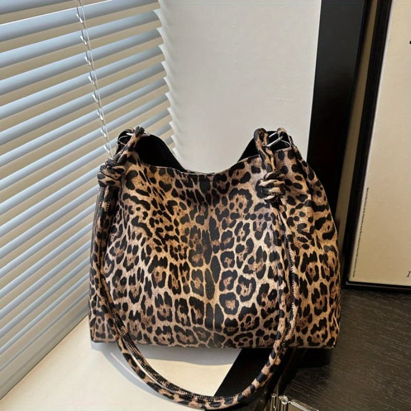 TEMU Large-capacity Retro Striped Messenger Bag With Fringe & Leopard Print - Strap, Zipper Closure, Material Suitable For Commuting,, Travel - Stylish Handbag