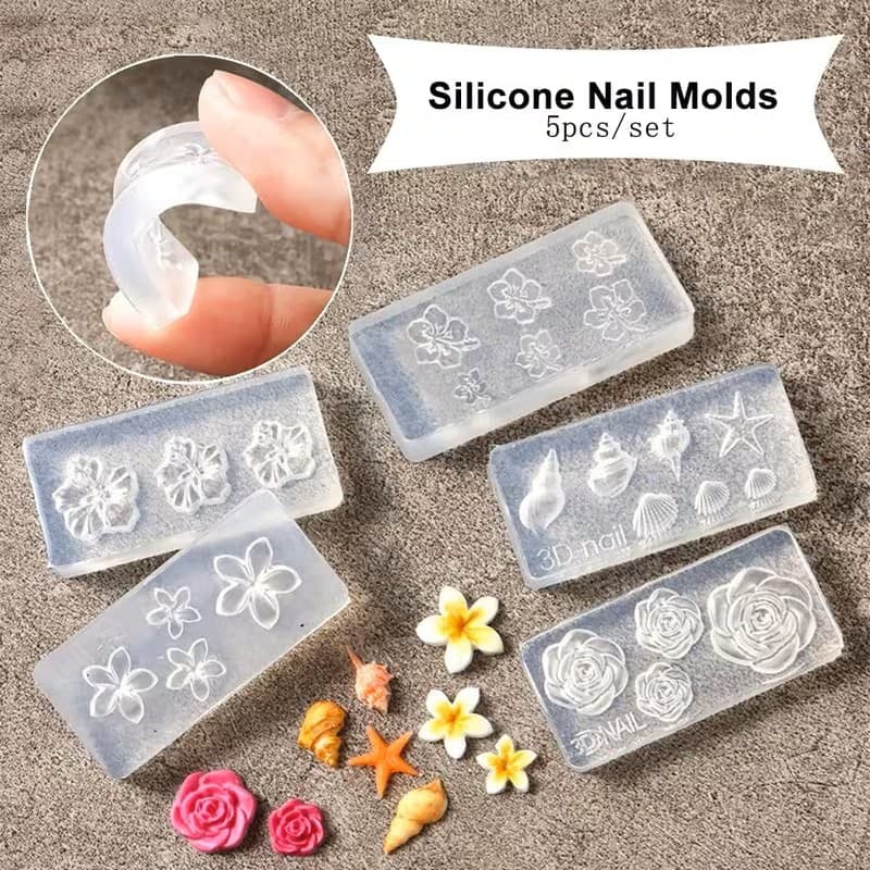 TEMU 5pcs 3d Flower & /resin Nail Art Molds - Silicone Diy Nail Charms With Rose, Cherry , Plumeria, For Gel Polish Manicure, Reusable Flower Carving Moulds For Nails Design (compatible With)