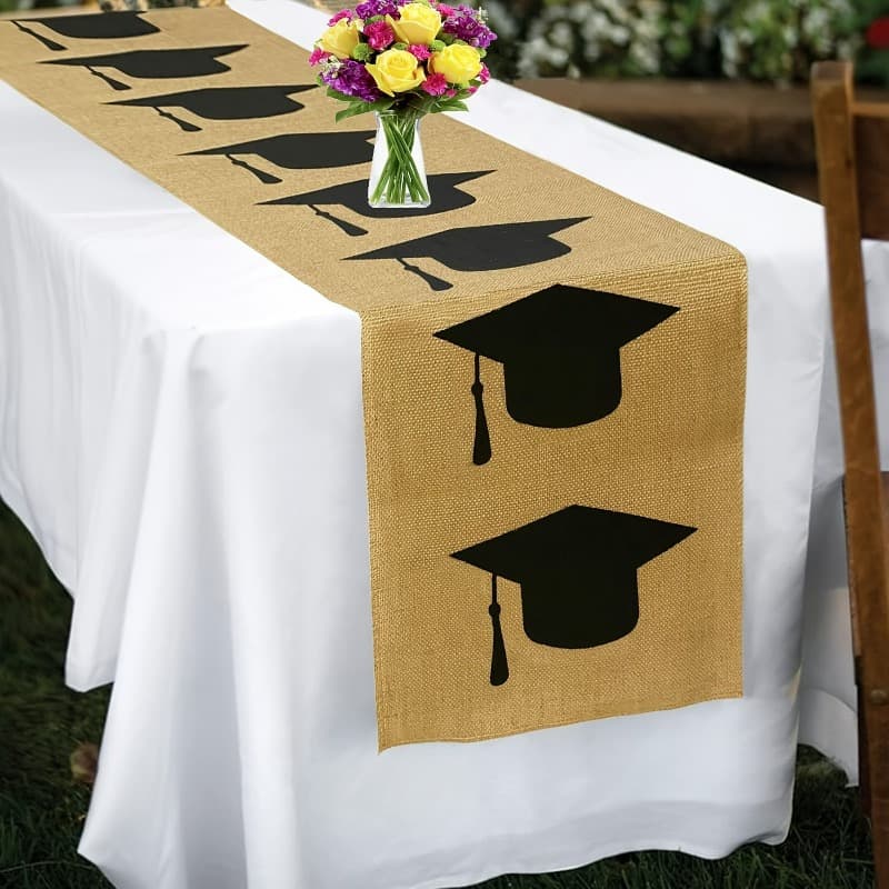 TEMU A Rustic Burlap Table Runner Featuring A Black And Scheme, Perfect For Graduation Celebrations, Party Decor, And Room Embellishments