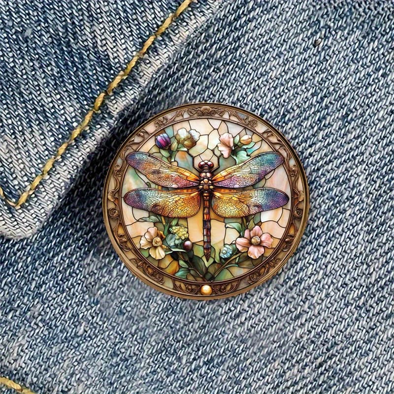 TEMU 1pc Of A Round Brooch Badge Featuring A Dragonfly And Made Of Stained Glass And Alloy Resin, Perfect For Decorating Backpacks, Hats, Clothing, Shoes, And Boots