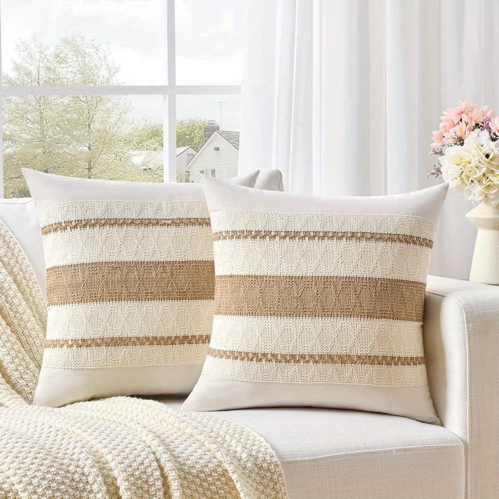 TEMU [2pcs Boho Throw Pillows] 2pcs Soft Polyester Boho Style 18x18 Inch Throw Pillow Covers | Texture, Beige And Brown Striped Design, Envelope Closure, Decor,