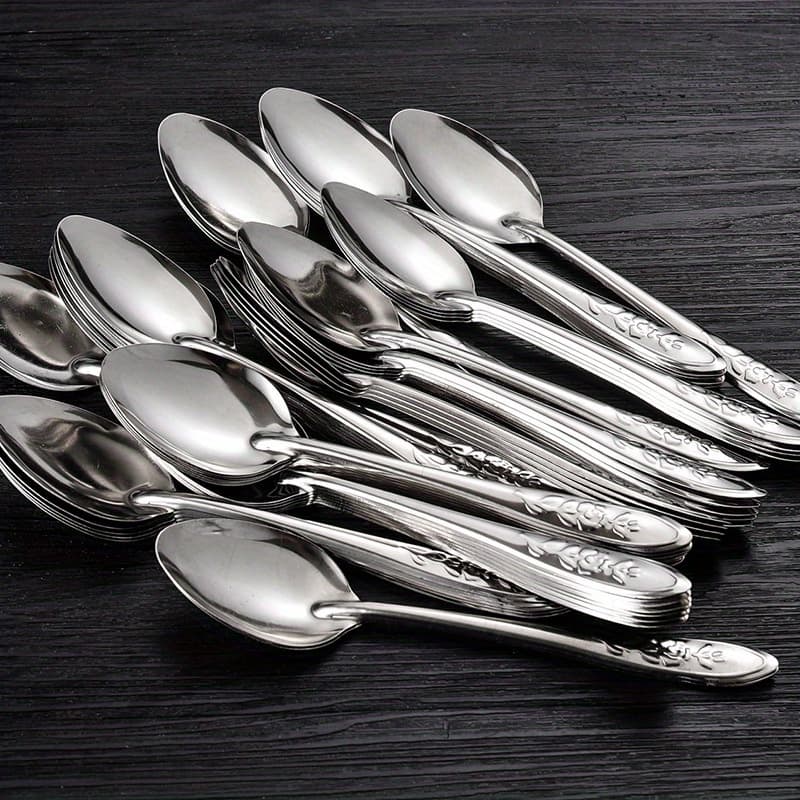 TEMU 10pcs Stainless Steel Dessert Spoon Set, Elegant Design, Long Handle Ice Cream And Watermelon Spoons For Kitchen Utensils