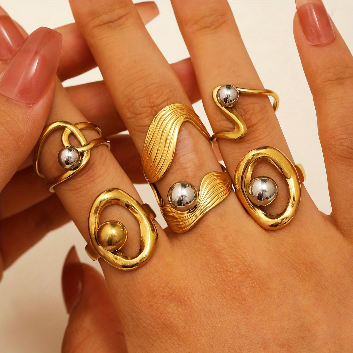 TEMU 5pcs Exquisite Stainless Steel, Color- Steel Bead , Special-shaped Irregular Ring, Non-fading Everyday Versatile Gift
