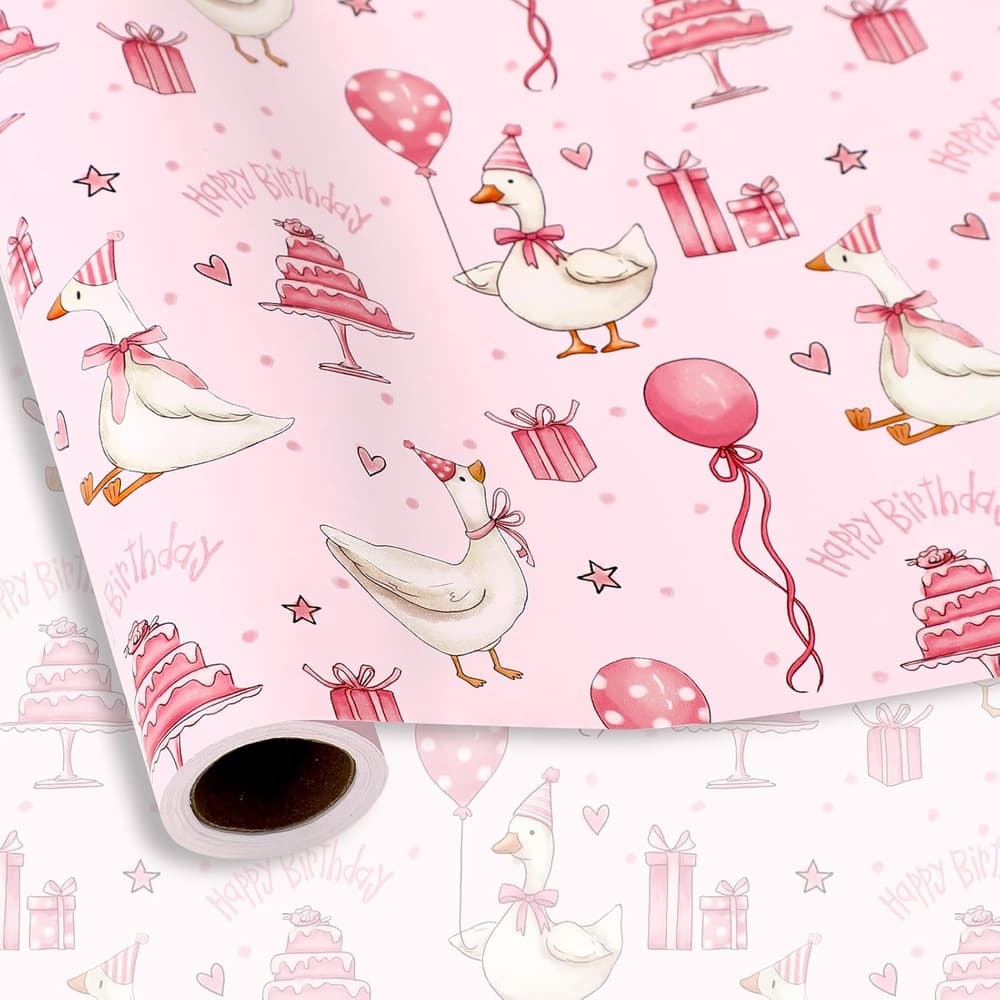 TEMU Silly Goose Birthday Wrapping Paper - Pink Cute Goose With Ginger,, Pale, & Sheets Suitable For Baby Showers, Birthdays, Parties - Adorable Goose-themed Gift Wrap Paper