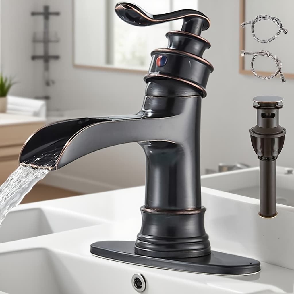 TEMU A Rustic Bathroom Sink Faucet With A Single Handle And A Waterfall Design, Featuring An Oil-rubbed Bronze End And Including Hoses. And Designed For A Vanity A Black Farmhouse Style,