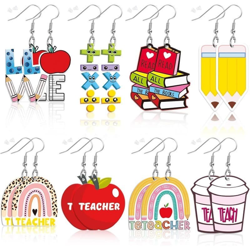 TEMU 8 Pairs Fashion Cartoon Design Acrylic Hook Earrings For Teacher's Day And Back To School, Book Pattern Earrings, Unique Gifts, Party Favors, Graduation Gifts