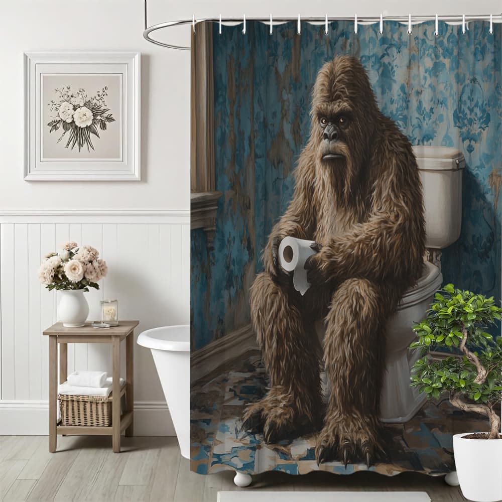 TEMU 1pc Funny Animal Orangutan Shower Curtain Polyester Fabric Bathroom Decor Bathtub Divider Hanging Curtain With 12 Hooks 70.8x70.8 Inch Featuring Humor And Wilderness Theme