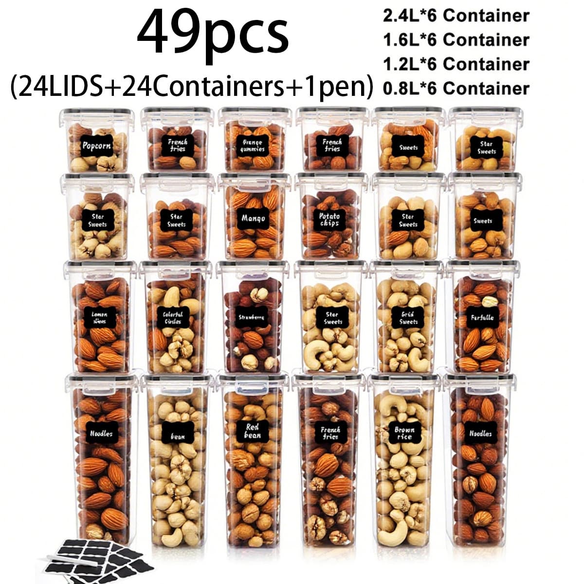 TEMU 49pcs Food Storage Container Set With Lids, Stackable Airtight Canisters For Saving, Ideal For Flour, Cereal, Snacks, Pasta, Reusable Labels And Markers, , Kitchen Organizer, Home Storage