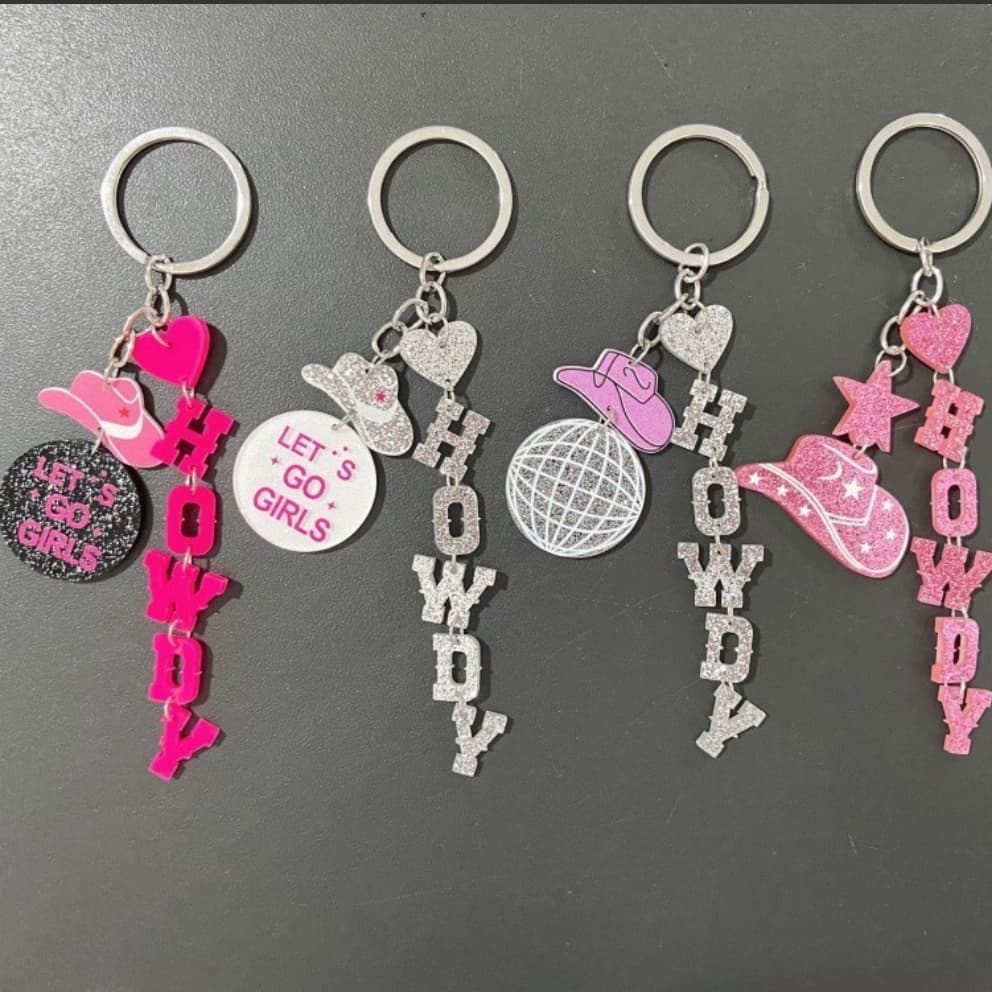 TEMU 4pcs Cowboy Western Keychains For Women - Glittery Howdy Lettering & Pink Cowboy Hat Charms, Durable Metal Key Rings For Keys, Bags, Gifts, Cowboy Accessories, Bag Decoration.