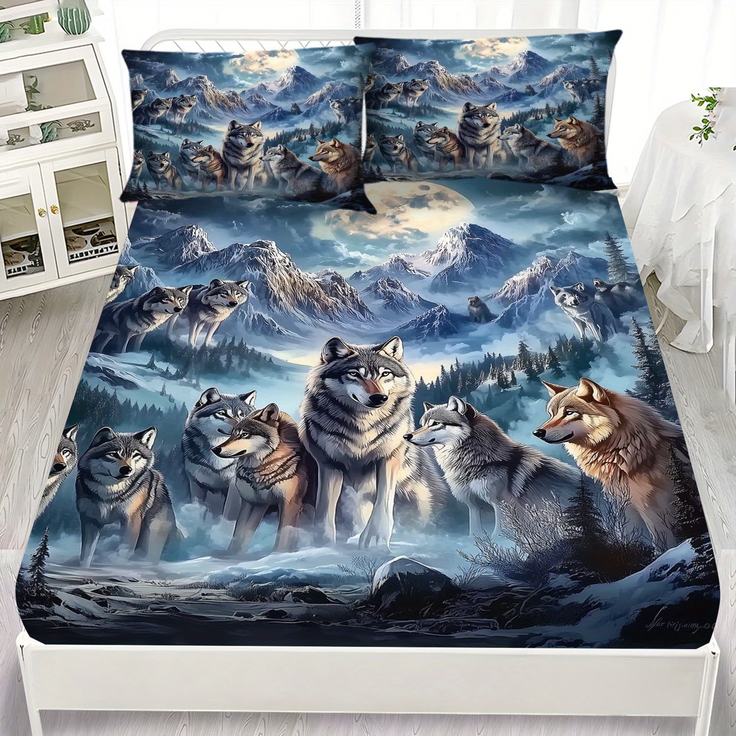 TEMU Latacaca 3pcs Group Of Wolves In A Pattern Fitted Sheet Set, 1 Fitted Sheet And 2 Pillowcases, Wrinkle Resistant, Digital Bedding Set, Soft Bed Sheet Set Trim For All
