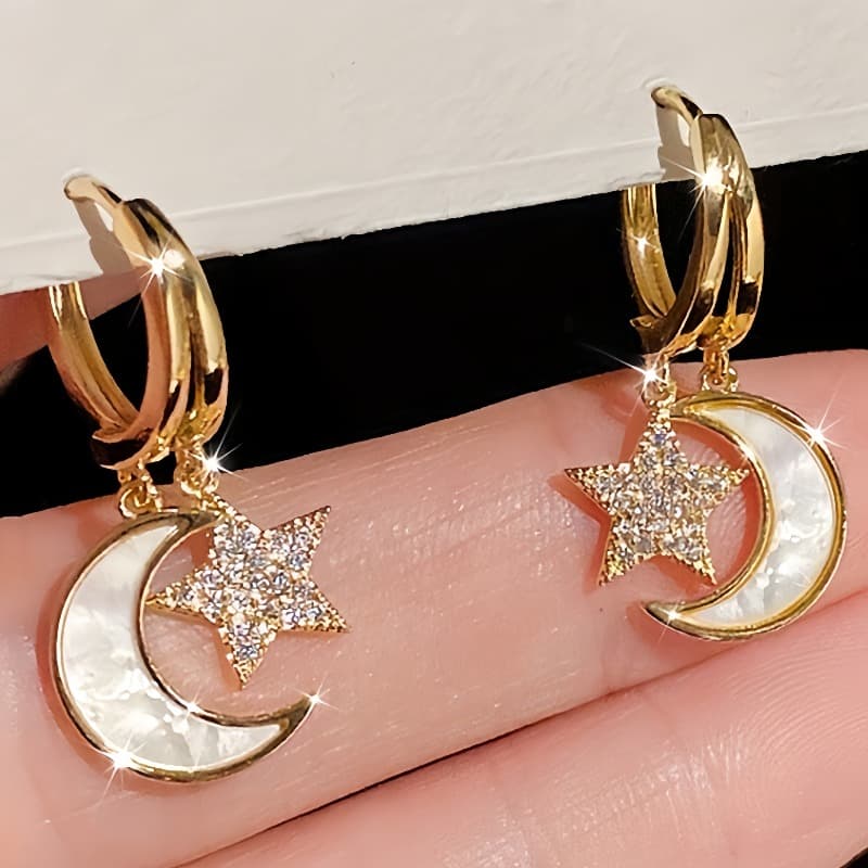 TEMU Elegant Dainty Inlay Shiny Zirconia Enamel Moon Star Hoop Earrings For Women Party Vacation Daily Wear Gift Jewelry (, No Card)