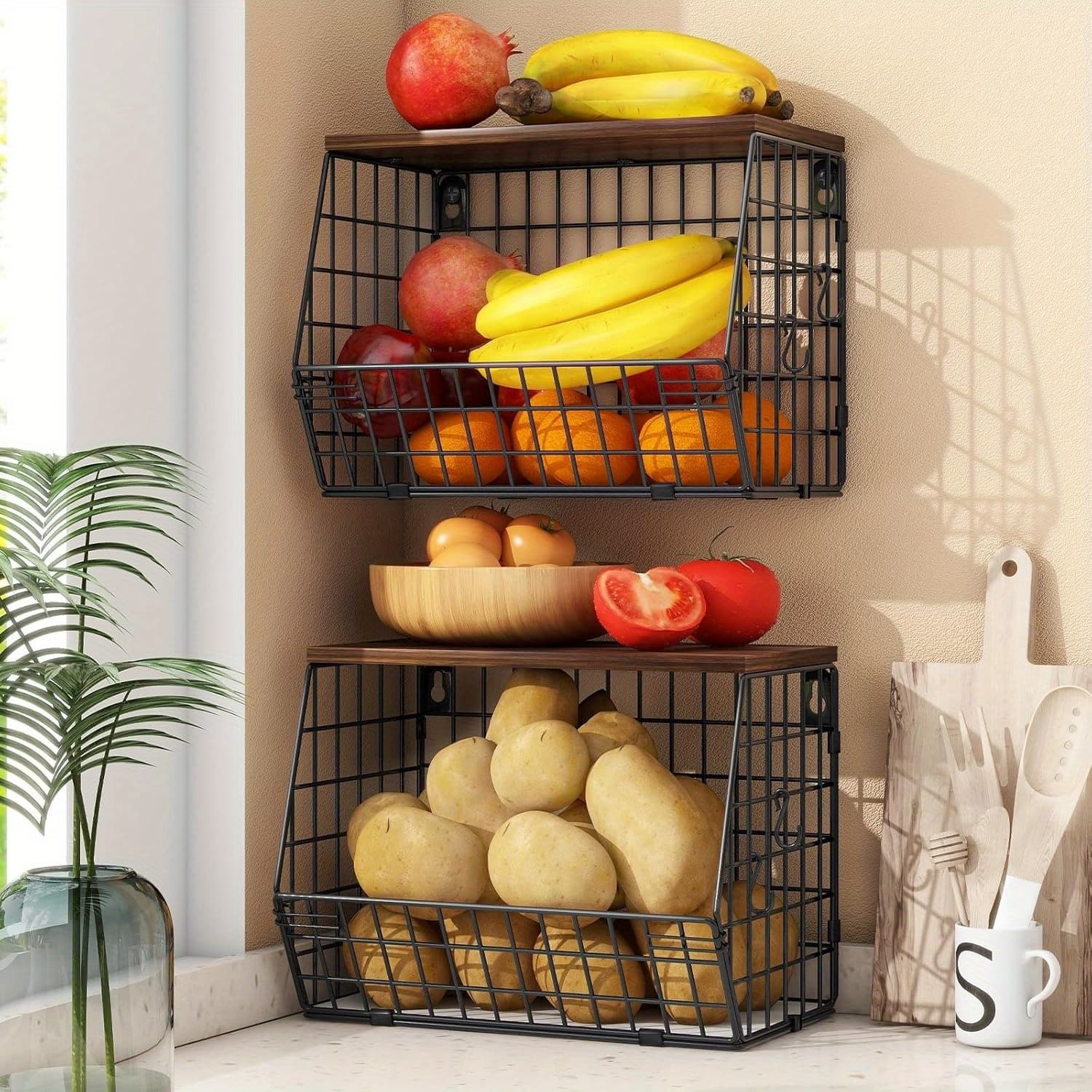 TEMU 1/ 2 Tier Stackable Fruit Basket With Wooden Lid - Practical Kitchen Storage Solution For Fruits And Vegetables, Easy To Assemble, Versatile Use In Multiple Settings