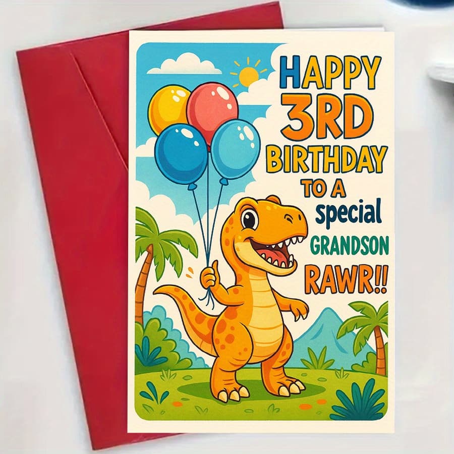 TEMU 1pc Special Grandson's 3rd Birthday Greeting Card, Featuring Cute Dinosaur And Balloon Patterns, Perfect Gift For Grandparents To Birthday, Making Birthday More . Card With Envelope