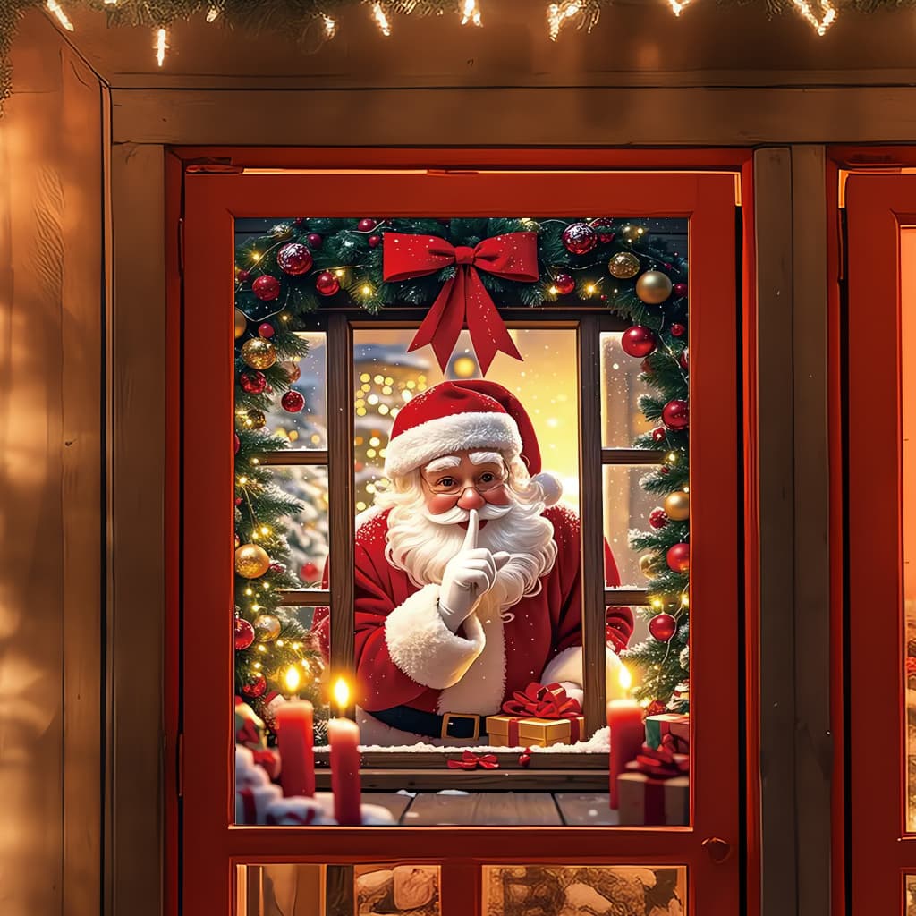 TEMU 1pc Christmas Elegant Santa Claus Window Sticker Featuring Christmas Red Bows, Decorations, And Candle Designs, Perfectly A Seasonal Atmosphere To Adult Home And Holiday-themed Decor Spaces
