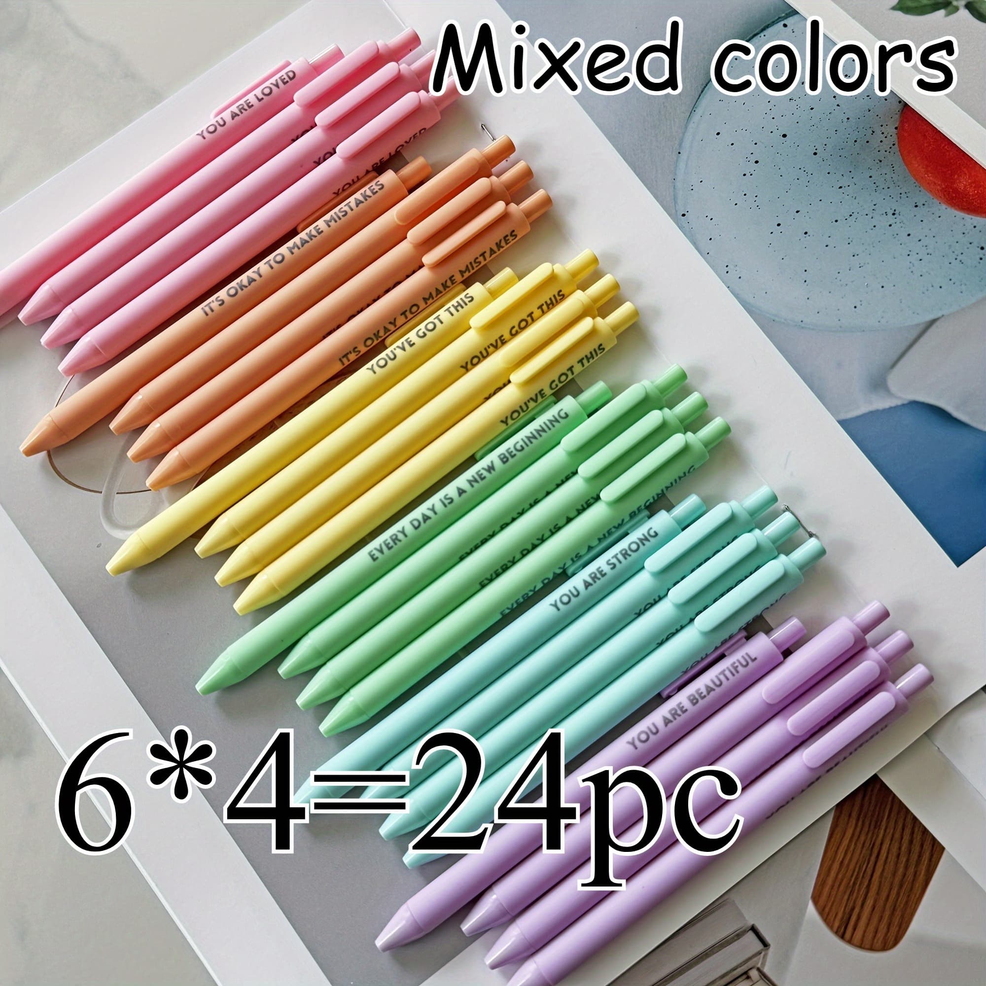 TEMU 24pcs Pastel Motivational Set - Retractable Happy Positive Pens, Black Ink, , Rubber Pens - Colorful & Cute Pens For Journaling, Writing Supplie