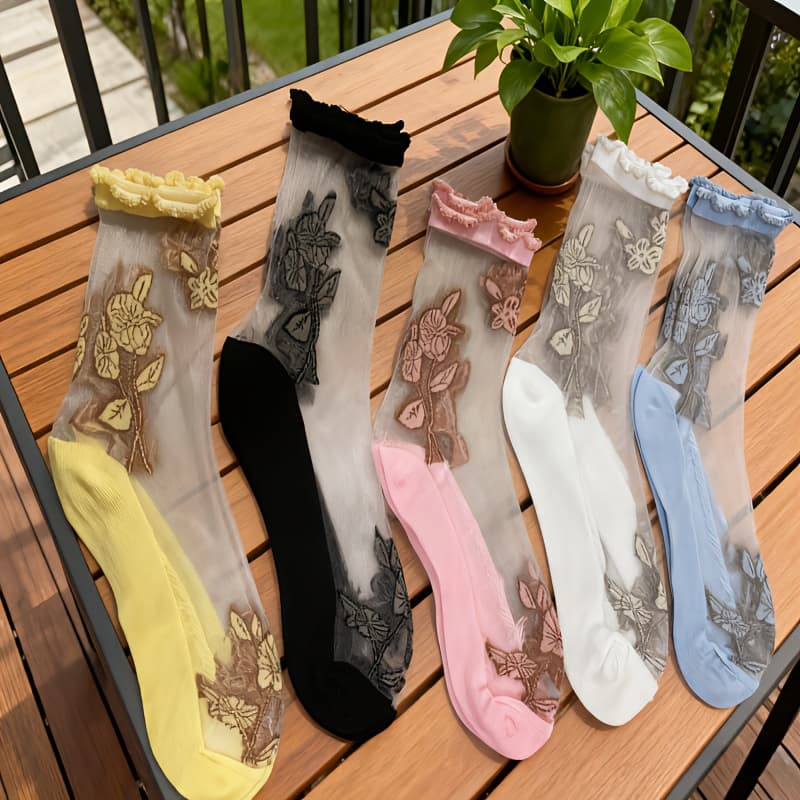 TEMU 5 Pairs Of Women's Summer Breathable Floral Crystal Decorated Mid-calf Socks - Moisture-wicking, Odor-resistant, Soft With Design, Machine Washable, Suitable For Casual And Formal Occasions