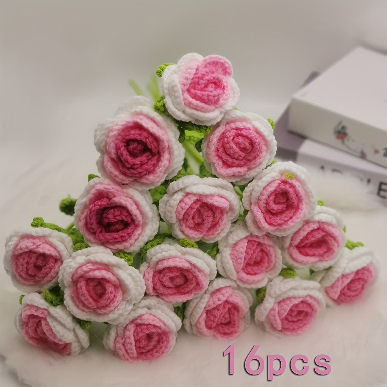 TEMU 16pcs Handmade Crochet Gradient Rose Bouquet Pink White Ombre Romantic Gift Home Decor For Graduation Floral Arrangement(without Wrapping Paper)