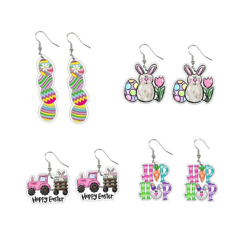 TEMU 4 Pairs Of Cute Easter Rabbit And Egg Pendant Earrings, Easter Cartoon Pattern Printed Earrings, Cute And Interesting Holiday Earrings, Popular Ear Ornaments For