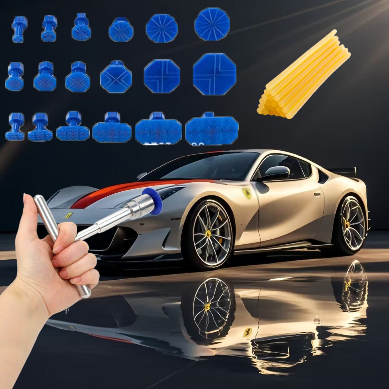 TEMU 1 Set Of Repair Tools+10 Rubber Bars Car Dent Repair Tools Free Sheet Metal Spraying Short Repair Puller Lifting Tool Repair