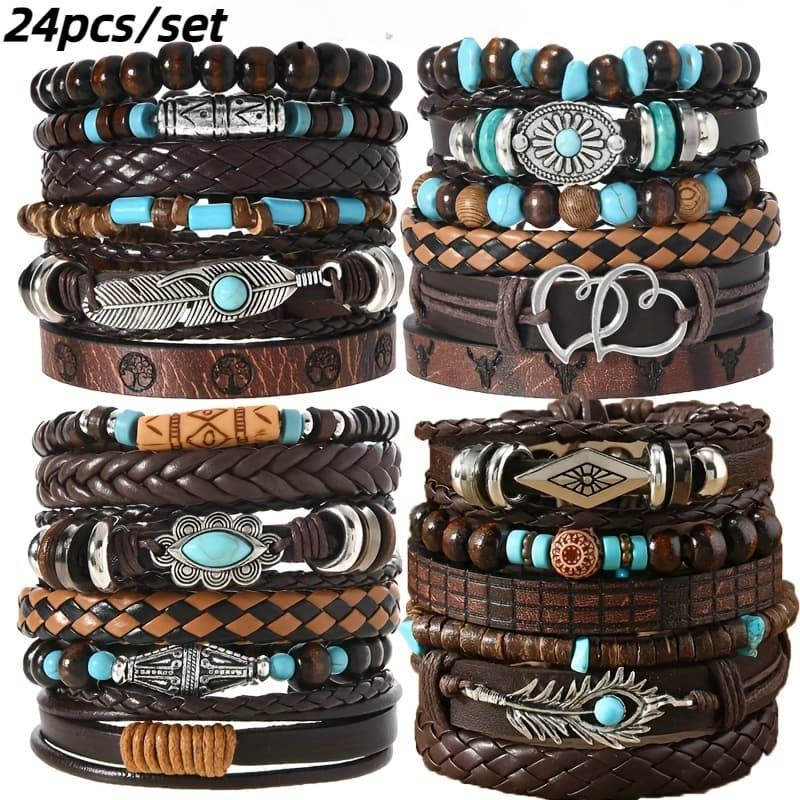 TEMU 24pcs Bohemian Retro Western Denim Turquoise Bead Bracelet Set, Woven Pu Leather Bracelet, Flower Pendant, Neutral Fashion Jewelry For Daily Wear