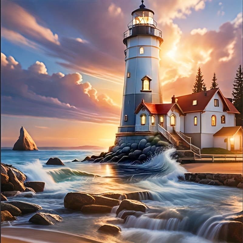 TEMU Lighthouse Landscape 5d Diy Diamond Painting Kit, 15. 7x15. 7 Inch Round Canvas, Unframed Stitch Mosaic Art, Ideal For Beginners And Craft Enthusiasts - Decor Gift