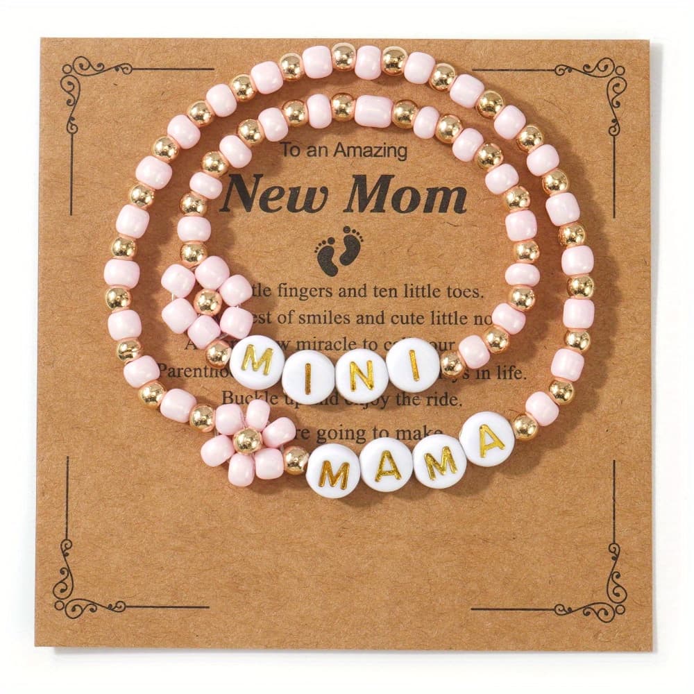TEMU 2pcs Handmade Beads Braided Daisy Flower "mama" Letter String Bracelet Set - Bracelets - Gift - "" Greeting Card