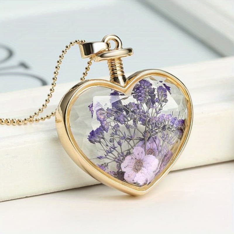 TEMU Heart-shaped Pendant Necklace With Preserved Dried Flower - Elegant Glass Bead Jewelry Suitable For Parties, Banquets & Daily Wear - Delicate Clasp Chain For Gift For Ladies