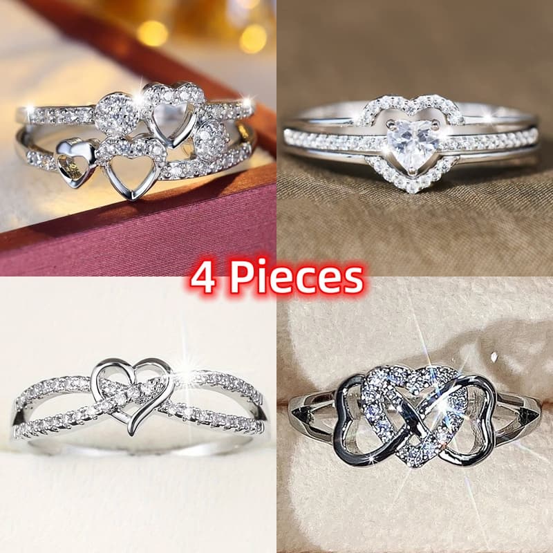 TEMU 4pcs Sparkling Silvery Womens Rings Synthetic Zirconia Heart Wave Rings For Men/ Women Engagement Wedding Band Ring Merry Christmas Valentine's Day Anniversary Gift For Her Jewelry Ring